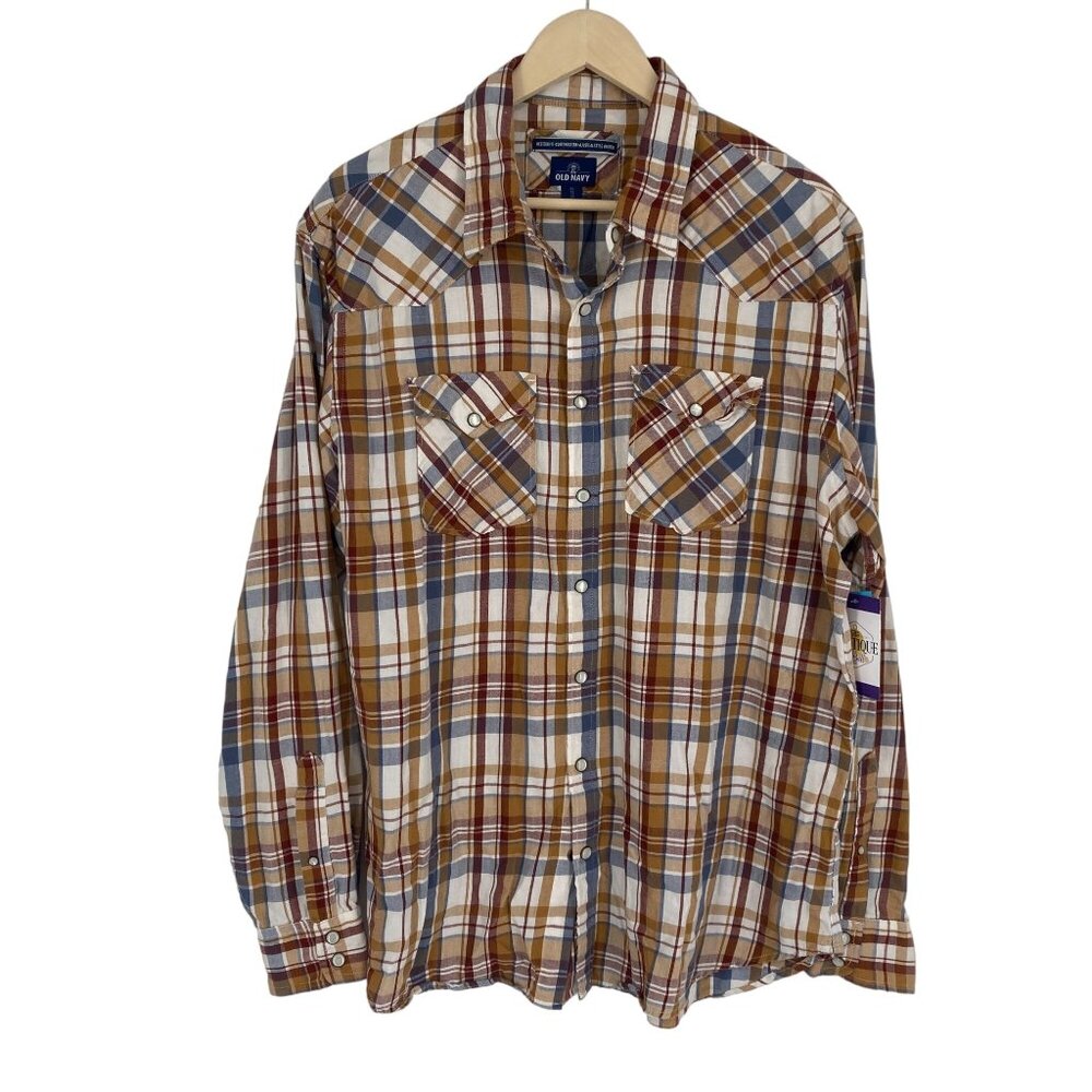 Old Navy Mens XL Brown Plaid Pearl Snap Button Shirt Long Sleeve Western Fit